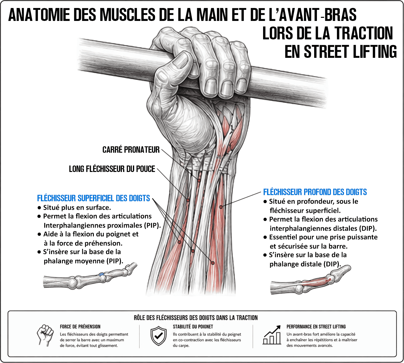Anatomie des muscles de la main et de l'avant-bras en street lifting